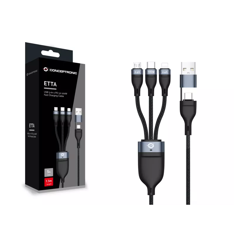Conceptronic ETTA06B15 Cabo de carregamento rápido USB 3-em-1 PD 3.0 100W 1,5 m, 20V 5A, 480 Mbit/s, E-Mark