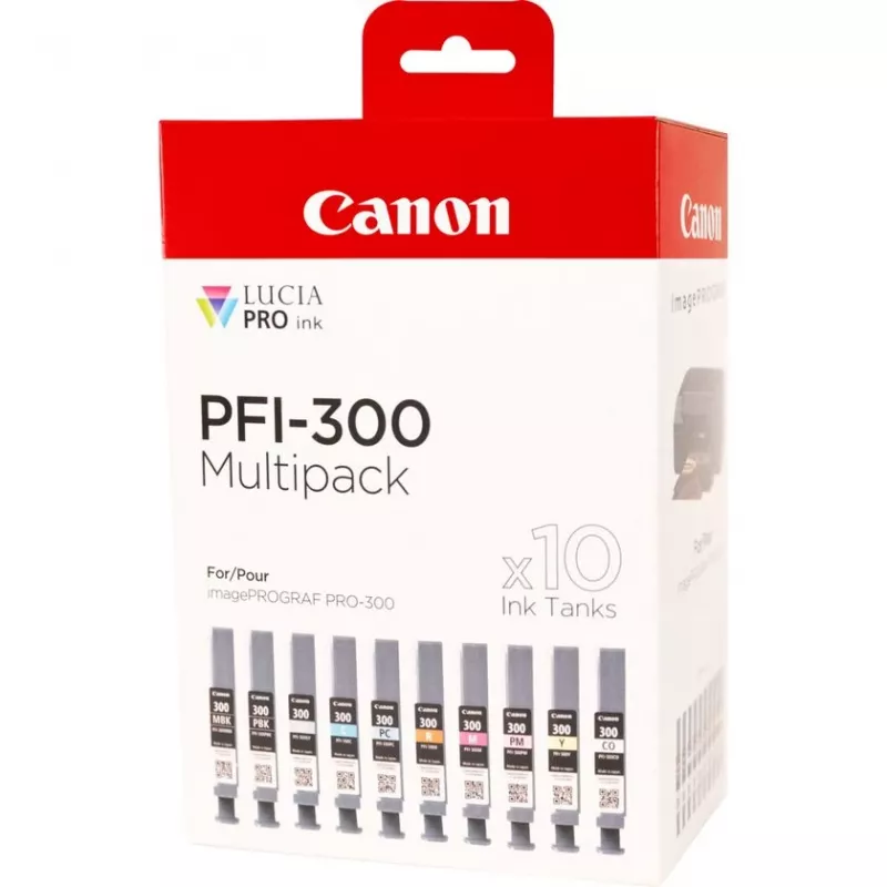 Tinteiro Canon PFI-300 10 unid. original preto, azul, ciano, cinzento, magenta, preto fotográfico, magenta fotográfico, vermelho, amarelo