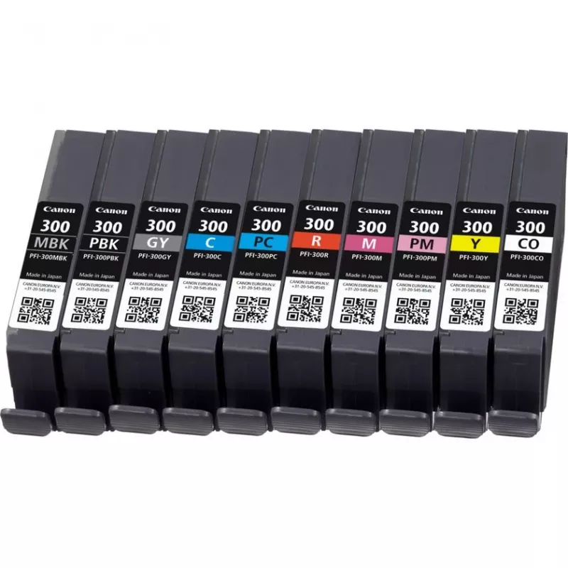 Tinteiro Canon PFI-300 10 unid. original preto, azul, ciano, cinzento, magenta, preto fotográfico, magenta fotográfico, vermelho, amarelo