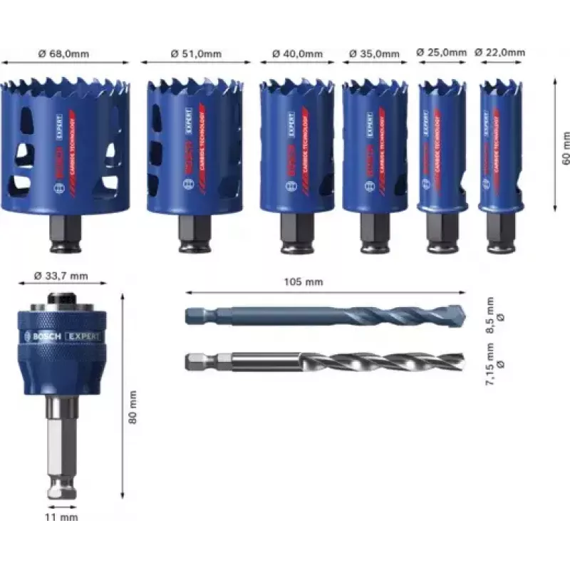 Bosch 2 608 900 446 Expert Tough Material conjunto de serras de copo, 9 peças, 22–68 mm, com adaptador Power Change Plus