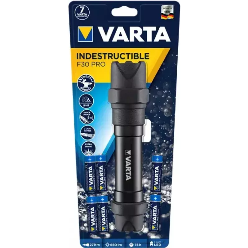Varta Indestructible F30 Pro 18714101421 lanterna LED, 6 W, 650 lm, alumínio, preta