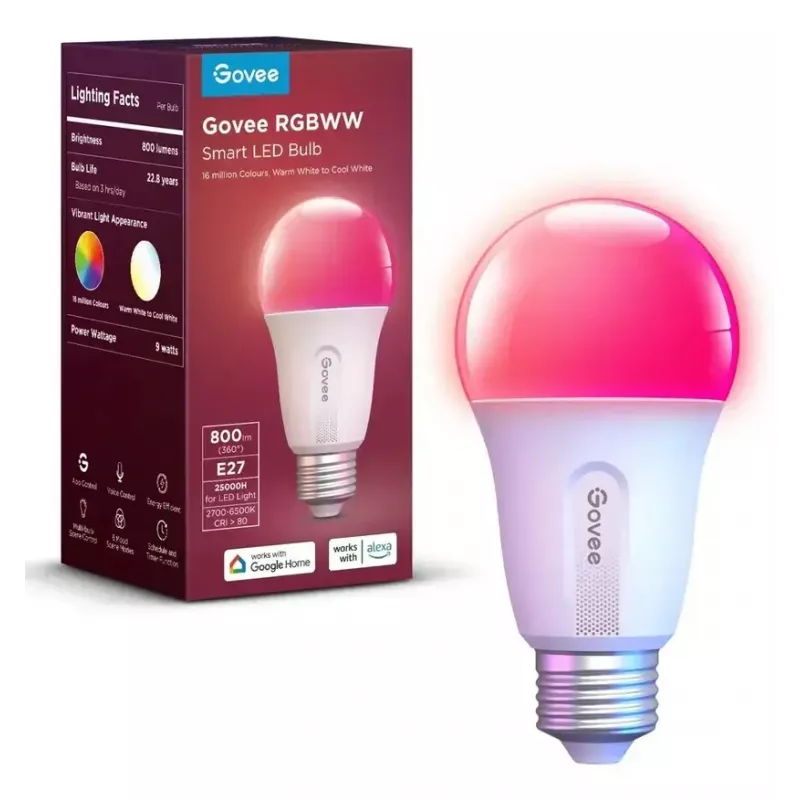 Lâmpada inteligente Govee Wi-Fi&BLE 800 lm — E27, 9 W, Wi‑Fi/Bluetooth, branco