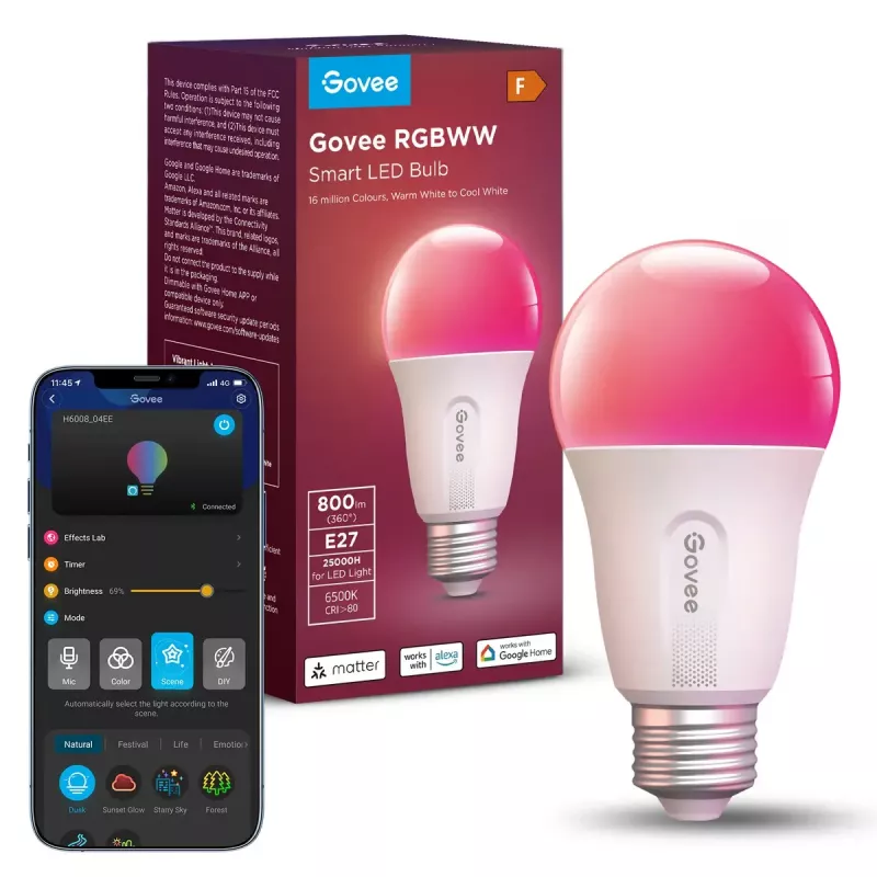 Lâmpada inteligente Govee Wi-Fi&BLE 800 lm — E27, 9 W, Wi‑Fi/Bluetooth, branco