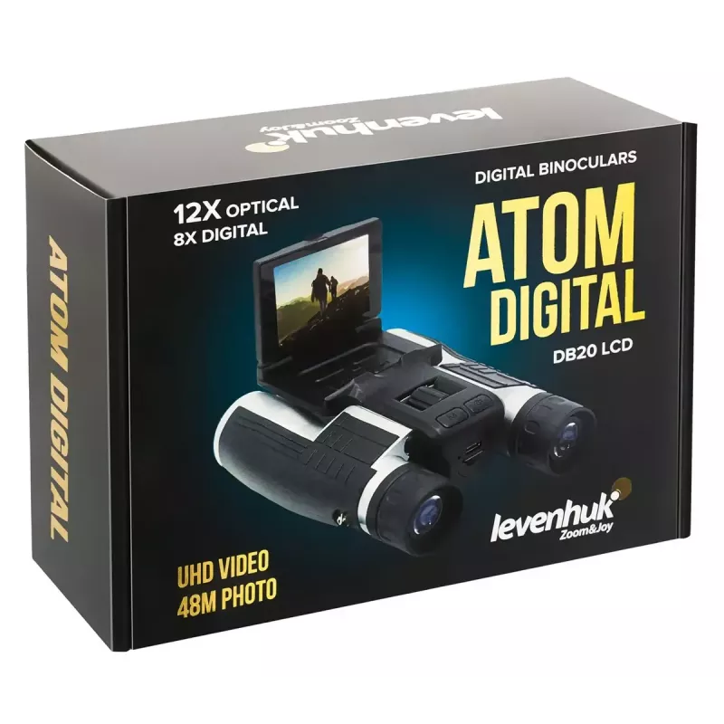 Binóculos Levenhuk Atom DB20 com ampliação de 20x e câmara integrada de 2-MP, ecrã LCD