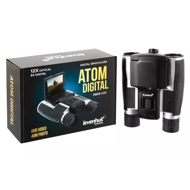 Binóculos Levenhuk Atom DB20 com ampliação de 20x e câmara integrada de 2-MP, ecrã LCD