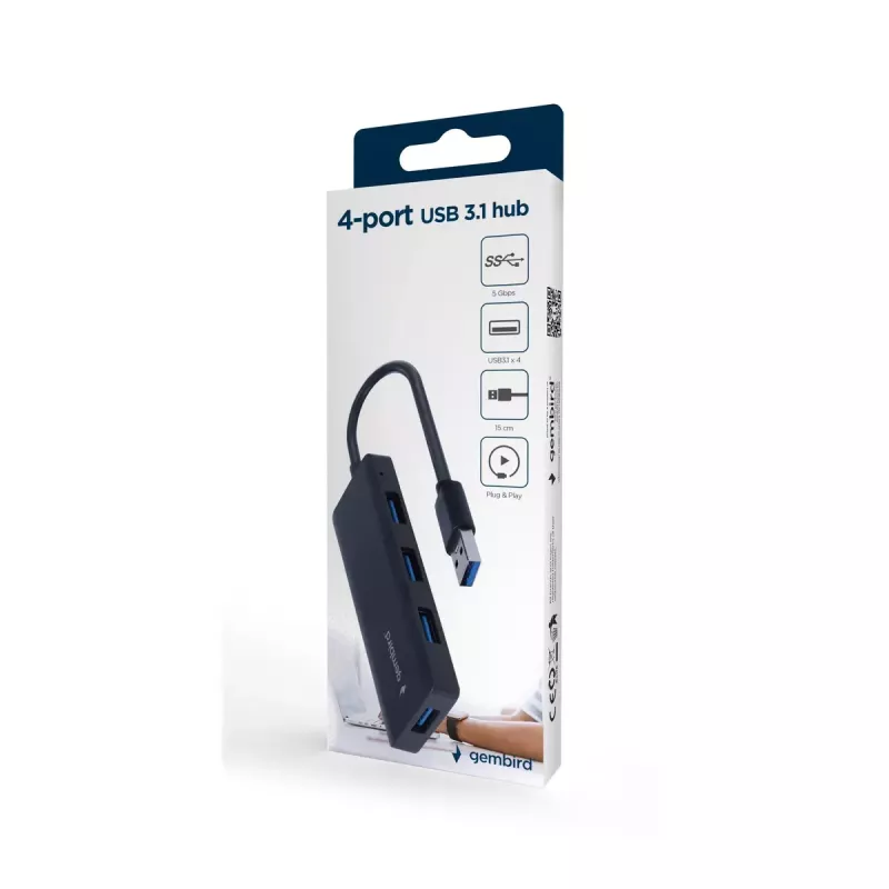 Dock para portátil Gembird UHB-U3P4-03 USB 3.2 Gen 1 Type-A, 5 Gbit/s, preto