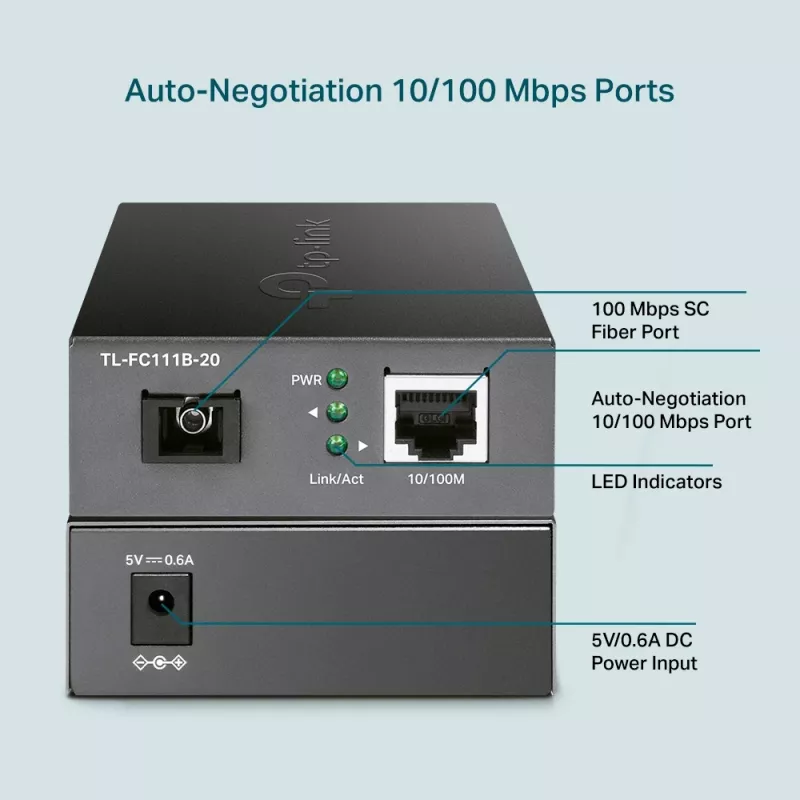 Conversor de media TP-Link 10/100 Mbit/s RJ45 para 100 Mbit/s monomodo SC WDM bidirecional