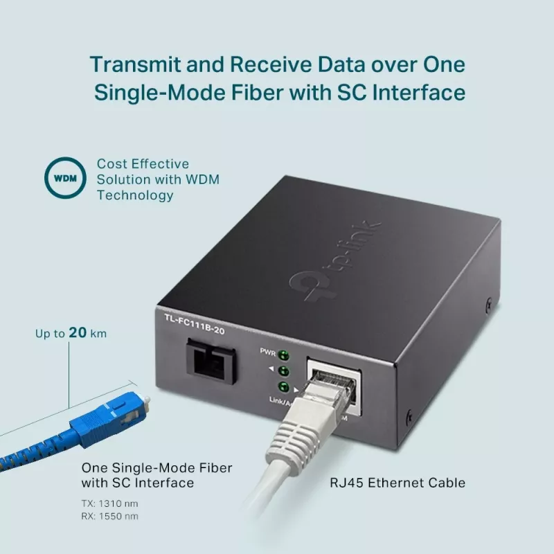 Conversor de media TP-Link 10/100 Mbit/s RJ45 para 100 Mbit/s monomodo SC WDM bidirecional