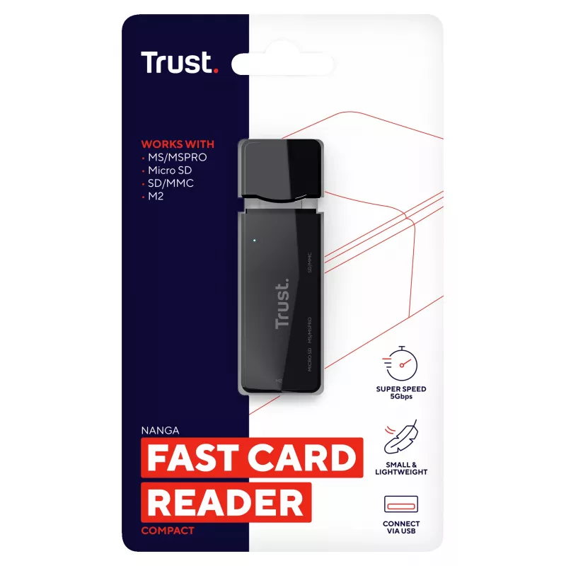Trust Nanga 21935 leitor de cartões, USB 3.1 Gen 1, Type-A, SD/microSD/MS, preto