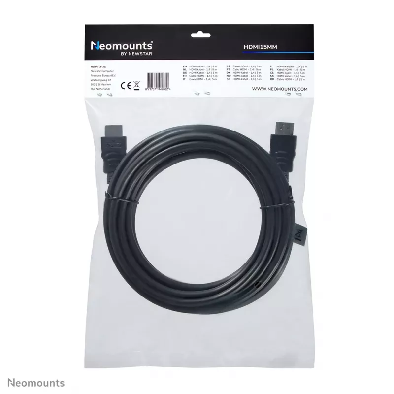 Cabo HDMI Neomounts HDMI15MM – 5 metros, 5 m, HDMI tipo A (Standard), HDMI tipo A (Standard), 10,2 Gbit/s, preto