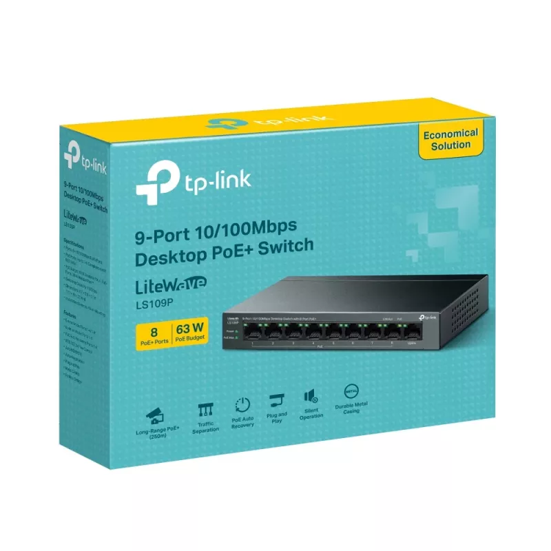 Switch de rede TP-Link LiteWave LS109P não gerido Fast Ethernet (10/100) Power over Ethernet (PoE) preto