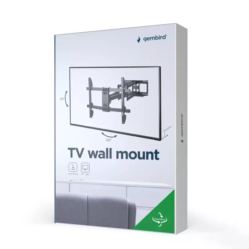 Suporte de parede para TV Gembird WM-80ST-02 — fixo/inclinável, 37 polegadas–80 polegadas, VESA até 600x400, 60 kg, preto