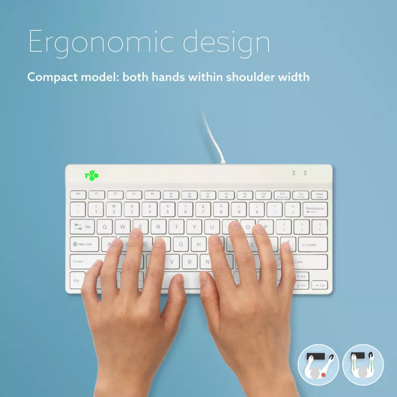 Teclado ergonómico R-Go Tools R-Go Compact Break, teclado compacto com software de pausas, QWERTY (US), com fios, branco