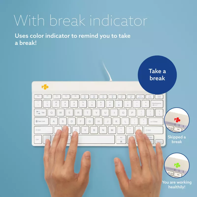 Teclado ergonómico R-Go Tools R-Go Compact Break, teclado compacto com software de pausas, QWERTY (US), com fios, branco