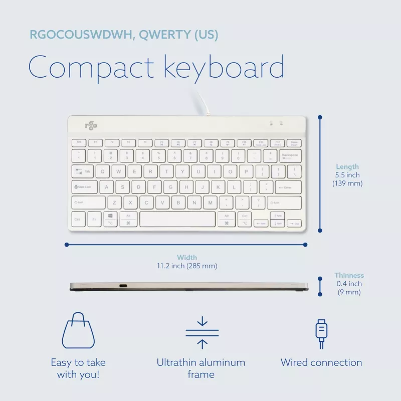 Teclado ergonómico R-Go Tools R-Go Compact Break, teclado compacto com software de pausas, QWERTY (US), com fios, branco