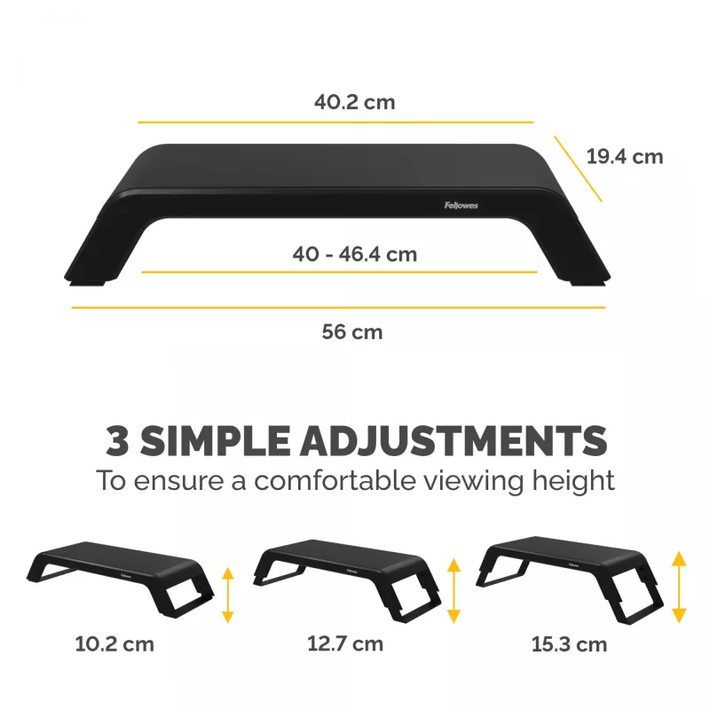 Suporte para monitor de computador Fellowes com 3 alturas ajustáveis - Elevador de monitor Hana LT - Suporte de monitor ergonómico ajustável para computador - Peso máx. 22,6 kg - Preto