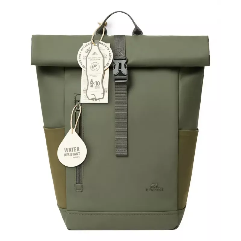 Mochila de viagem Rivacase Eden azeitona pele PU poliéster rPET 250x160x430mm