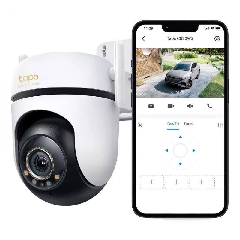 Câmara de segurança Wi-Fi exterior com rotação/inclinação TP-Link ESPEC: 3K 5MP (2880x1620), 2,4 GHz, 2 × antenas externas, 1 × porta Ethernet, horizontal 360°