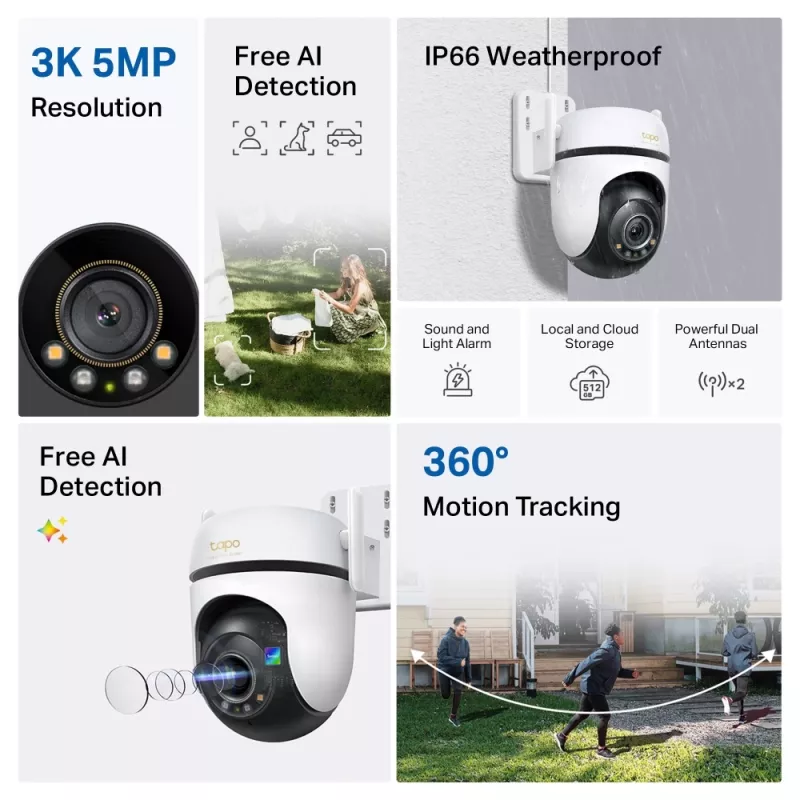 Câmara de segurança Wi-Fi exterior com rotação/inclinação TP-Link ESPEC: 3K 5MP (2880x1620), 2,4 GHz, 2 × antenas externas, 1 × porta Ethernet, horizontal 360°