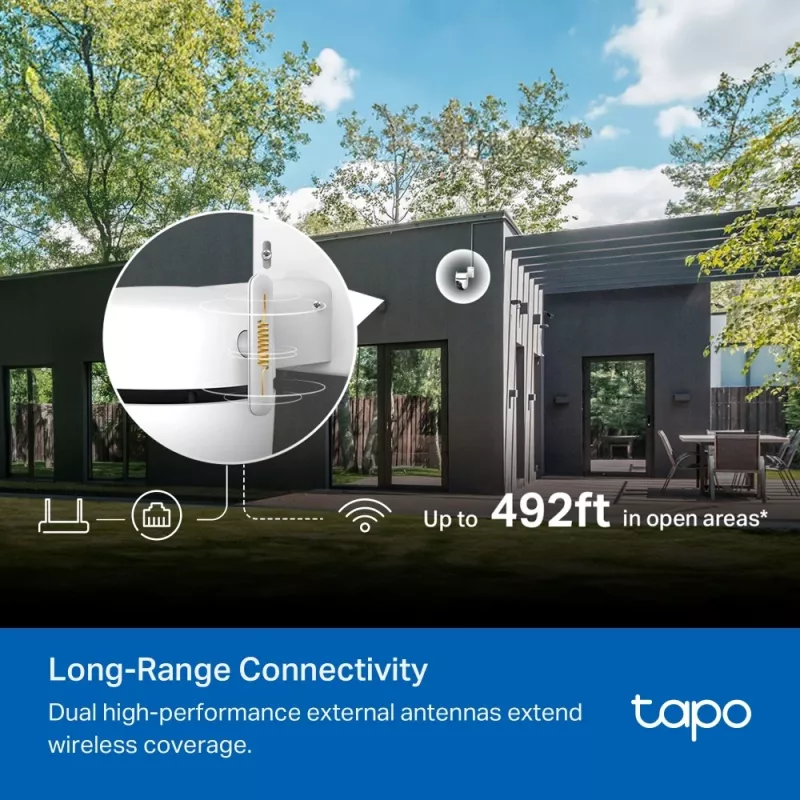 Câmara de segurança Wi-Fi exterior com rotação/inclinação TP-Link ESPEC: 3K 5MP (2880x1620), 2,4 GHz, 2 × antenas externas, 1 × porta Ethernet, horizontal 360°