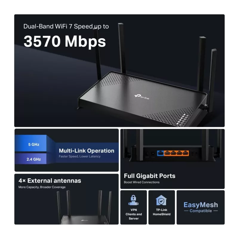 Router Wi-Fi TP-Link Archer BE220 Gigabit Ethernet dual band (2,4 GHz / 5 GHz) preto