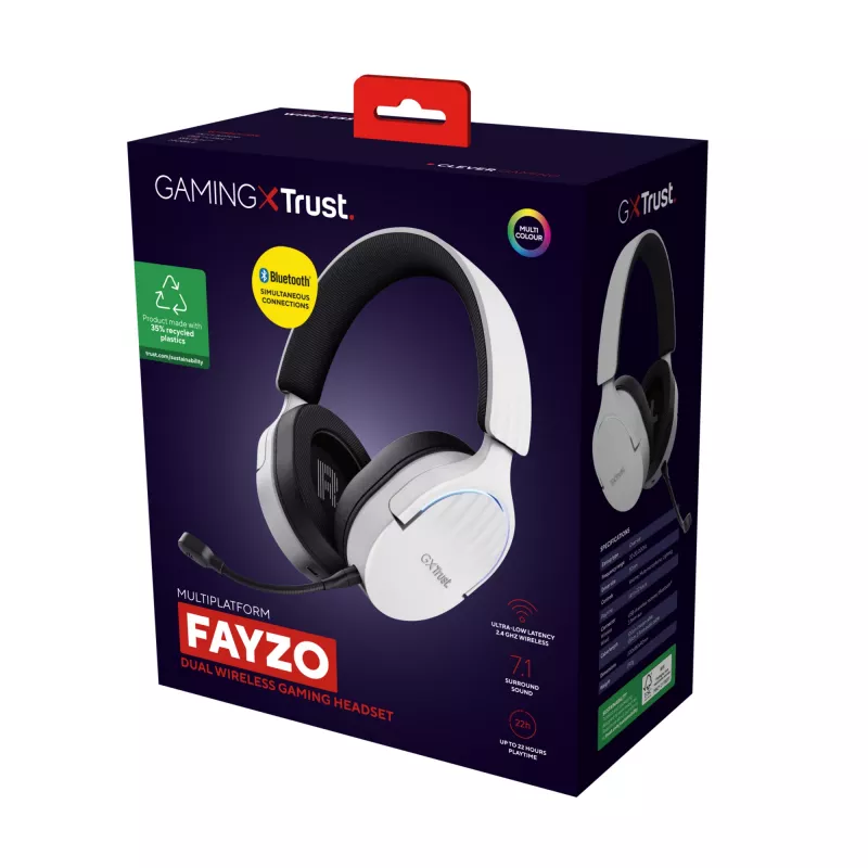 Headset Trust GXT 491W FAYZO com fios e sem fios, arco de cabeça, gaming, USB Type-C, Bluetooth, preto, branco