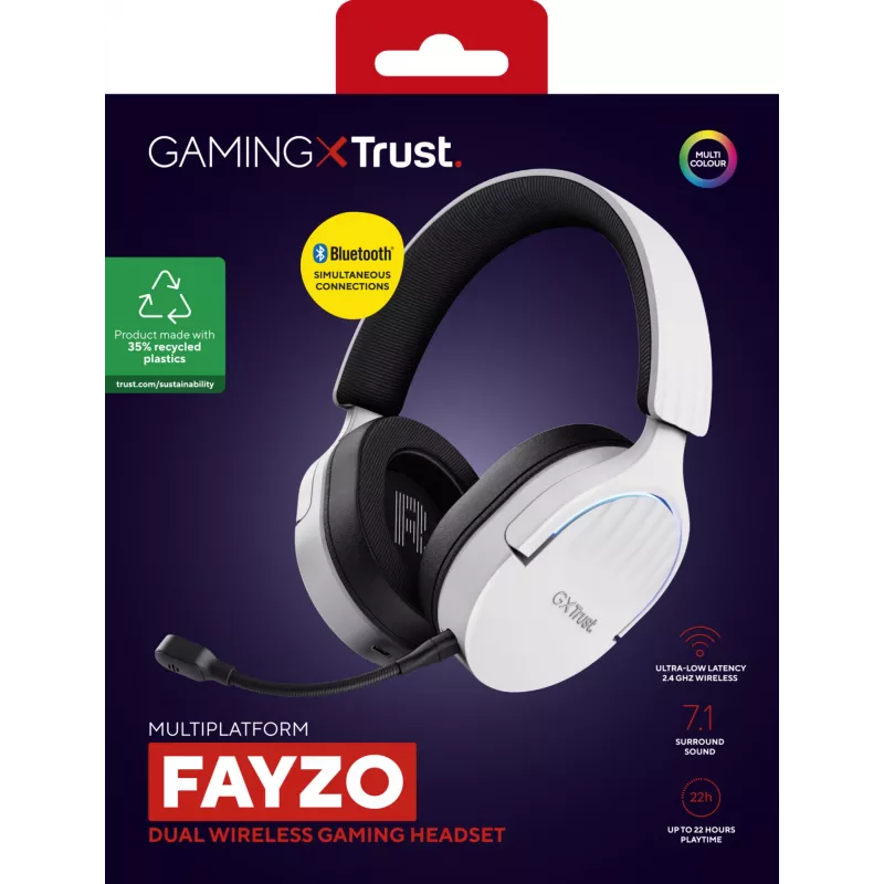Headset Trust GXT 491W FAYZO com fios e sem fios, arco de cabeça, gaming, USB Type-C, Bluetooth, preto, branco