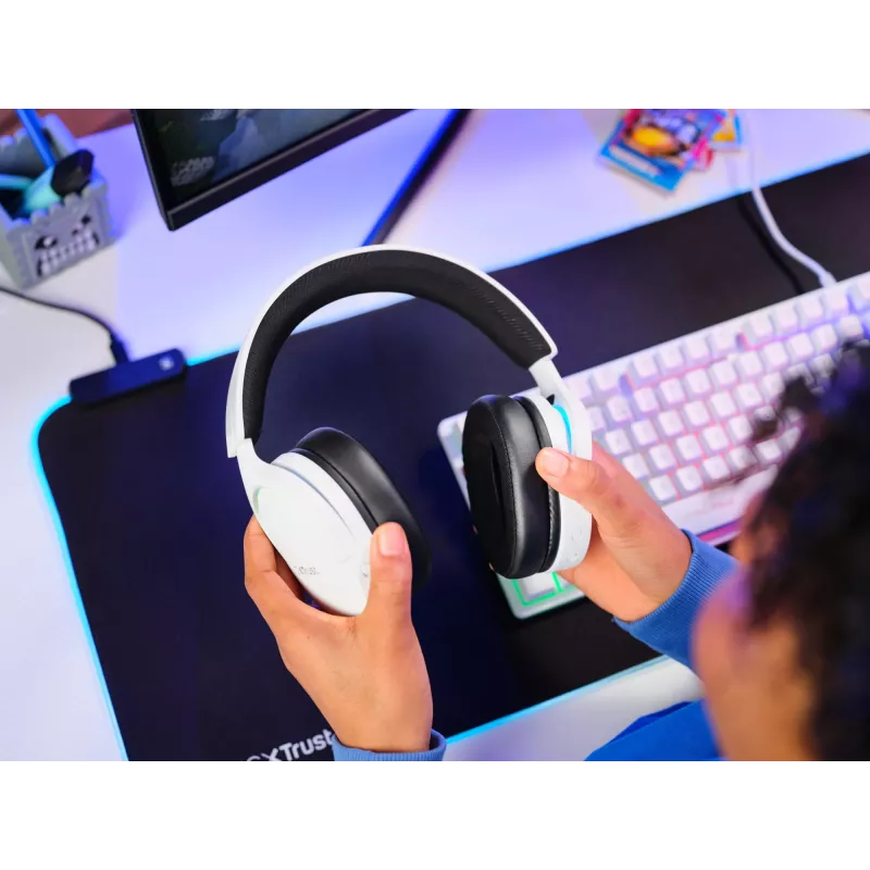 Headset Trust GXT 491W FAYZO com fios e sem fios, arco de cabeça, gaming, USB Type-C, Bluetooth, preto, branco