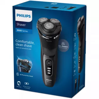 Máquina de barbear rotativa elétrica Philips Série 3000 S3244/12 – 3 cabeças de corte, molhado e seco, Li-Ion, 60 min. de autonomia, aparador pop-up, lavável, preto
