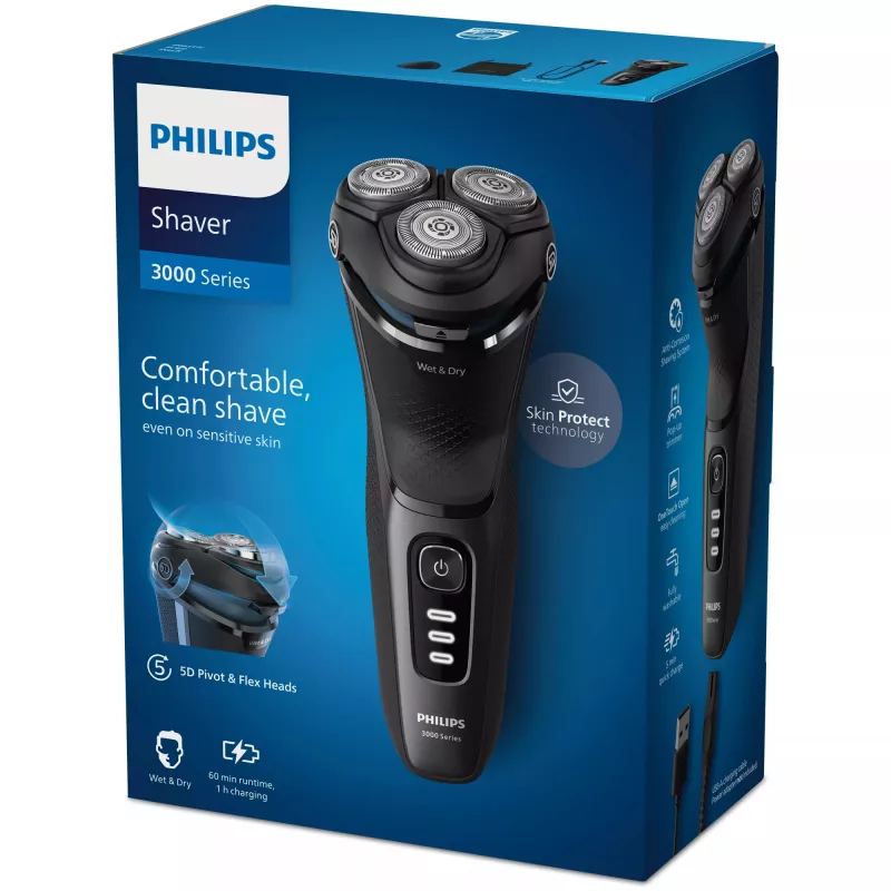 Máquina de barbear rotativa elétrica Philips Série 3000 S3244/12 – 3 cabeças de corte, molhado e seco, Li-Ion, 60 min. de autonomia, aparador pop-up, lavável, preto