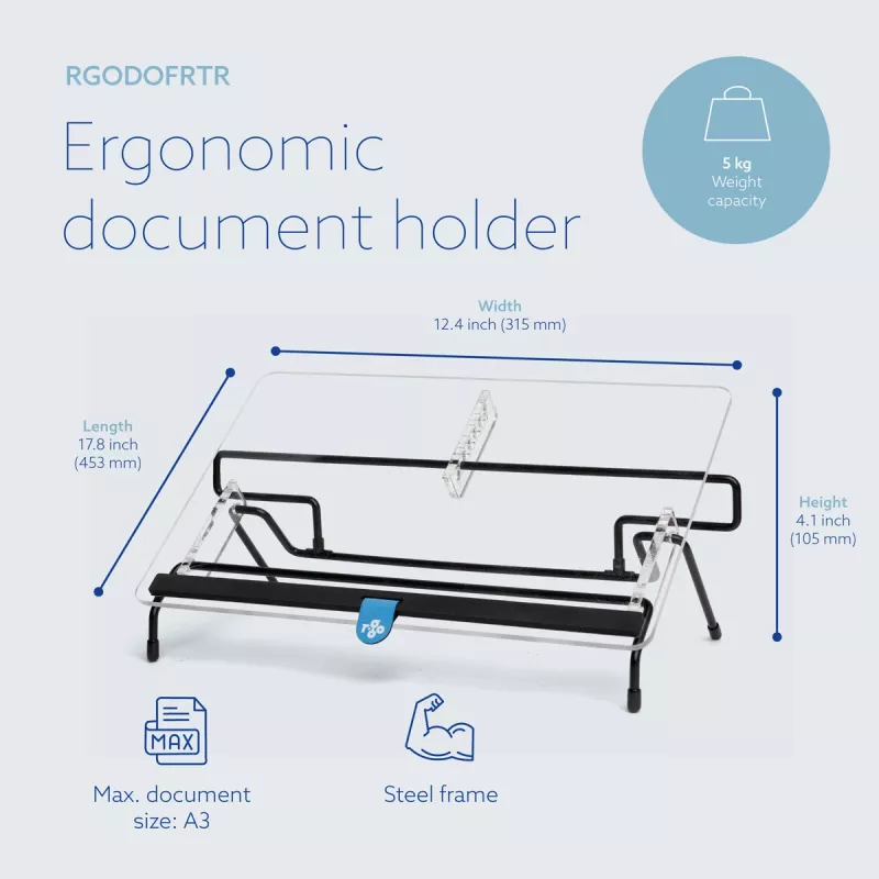 Suporte de documentos R-Go Tools R-Go Flex Read, ergonómico, com apoio de pulso em espuma macia, acrílico transparente