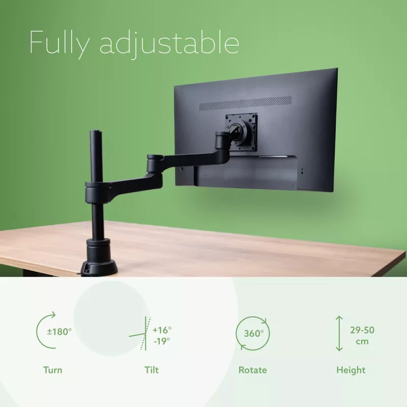 Braço de monitor R-Go Tools R-Go Zepher Single, totalmente ajustável, capacidade de carga 0–8 kg, 100 % circular, preto