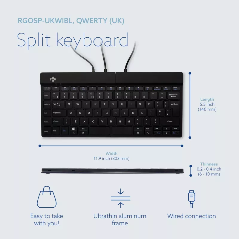 Teclado ergonómico R-Go Tools R-Go Split Break v2 com software Break, teclado dividido ergonómico, QWERTY (UK), com fios, preto