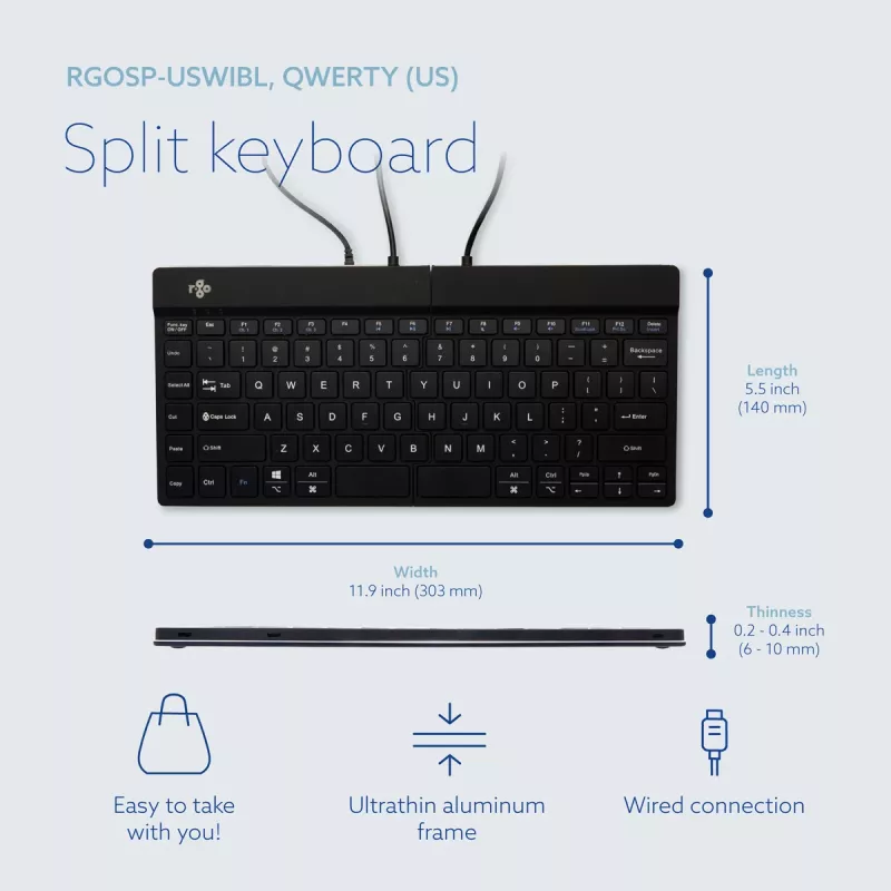 Teclado ergonómico R-Go Tools R-Go Split Break v2 com software Break, teclado dividido ergonómico, QWERTY (US), com fios, preto