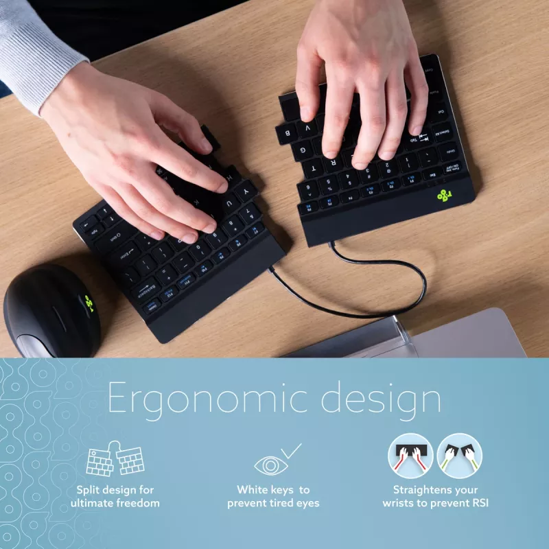 Teclado ergonómico R-Go Tools R-Go Split Break com software de pausas, teclado dividido ergonómico, QWERTY (US), Bluetooth, preto