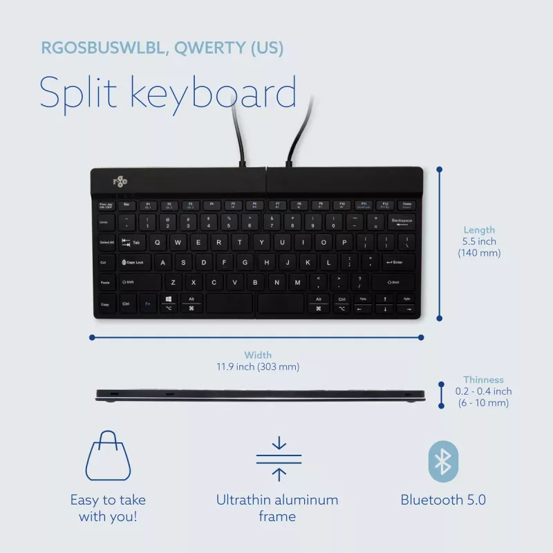 Teclado ergonómico R-Go Tools R-Go Split Break com software de pausas, teclado dividido ergonómico, QWERTY (US), Bluetooth, preto