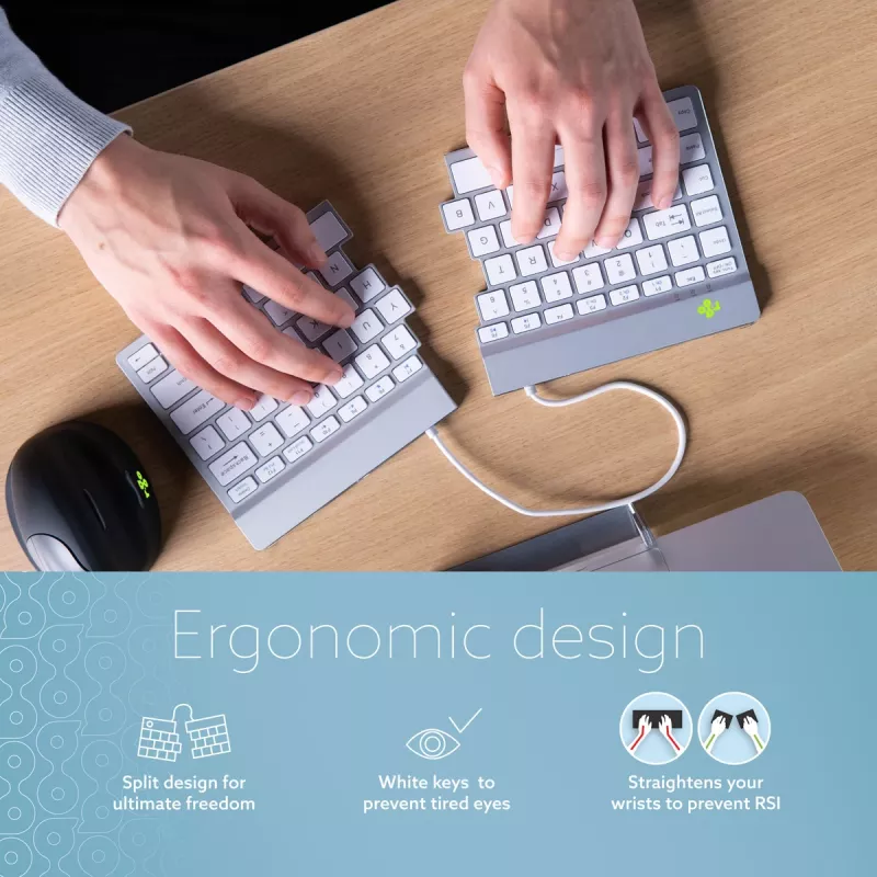 Teclado ergonómico R-Go Tools R-Go Split Break com software de pausas, teclado dividido ergonómico, QWERTY (US), Bluetooth, branco