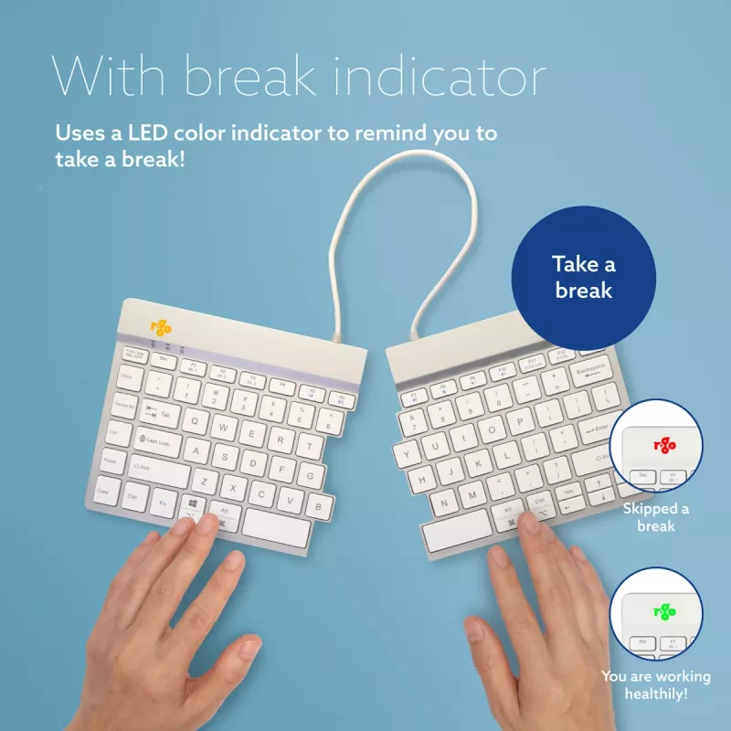 Teclado ergonómico R-Go Tools R-Go Split Break com software de pausas, teclado dividido ergonómico, QWERTY (US), Bluetooth, branco