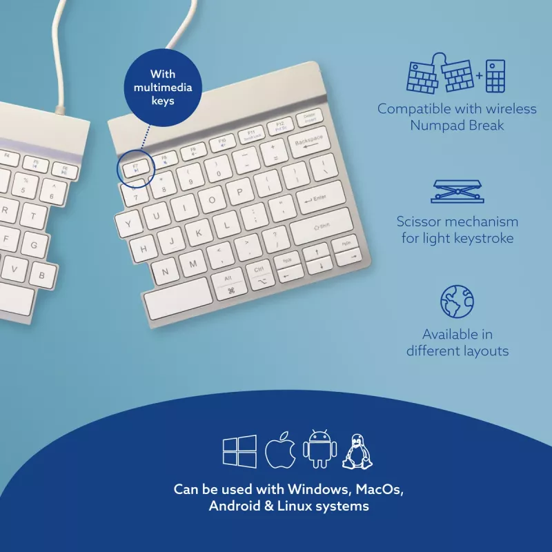 Teclado ergonómico R-Go Tools R-Go Split Break com software de pausas, teclado dividido ergonómico, QWERTY (US), Bluetooth, branco