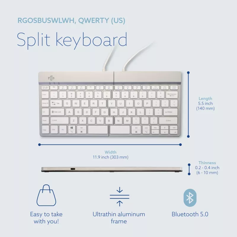 Teclado ergonómico R-Go Tools R-Go Split Break com software de pausas, teclado dividido ergonómico, QWERTY (US), Bluetooth, branco