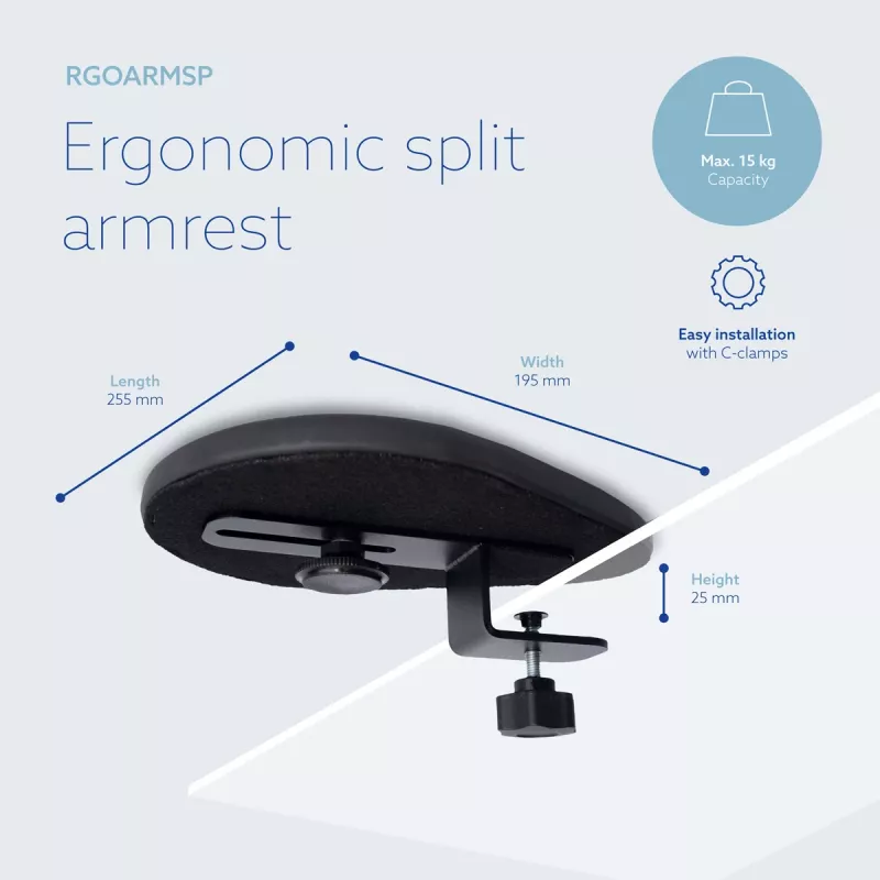 Apoio de braços R-Go Tools R-Go split, apoio de braços ergonómico em duas partes, ajustável, simétrico, com espuma macia, preto