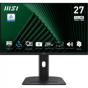 Monitor MSI PRO MP275PG de 27 polegadas, Full HD 1920x1080, IPS, 100 Hz, 1 ms MPRT, HDMI, DisplayPort, D-Sub (VGA), altifalantes 2x 2 W, Adaptive-Sync, inclinação/rotação/altura/pivot, VESA 100x100, TUV, Kensington, preto