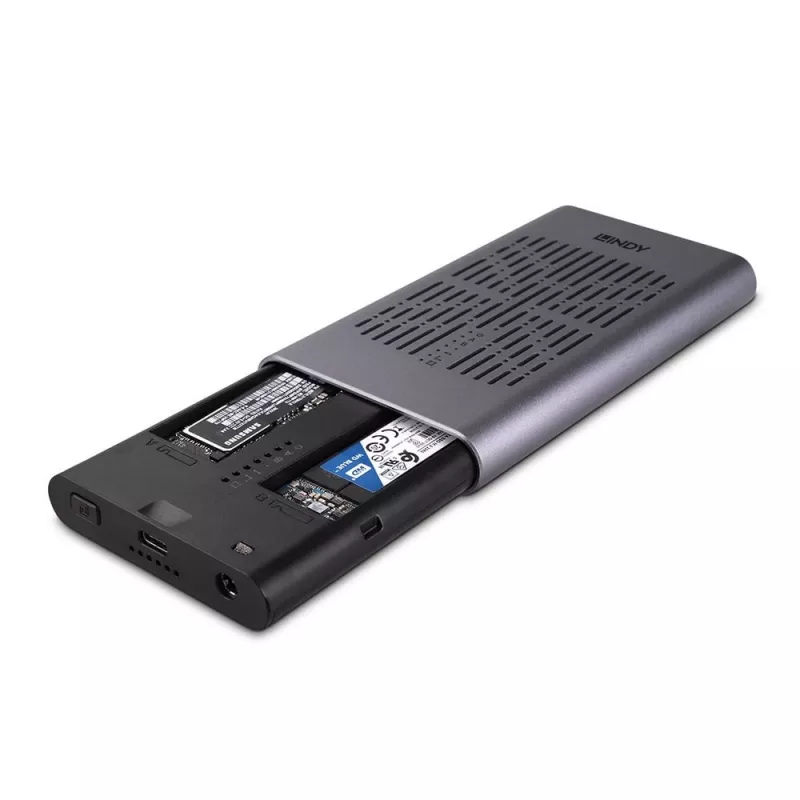 Caixa para SSD M.2 NVMe duplo Lindy USB 3.2 Gen 2x2 com função de clonagem