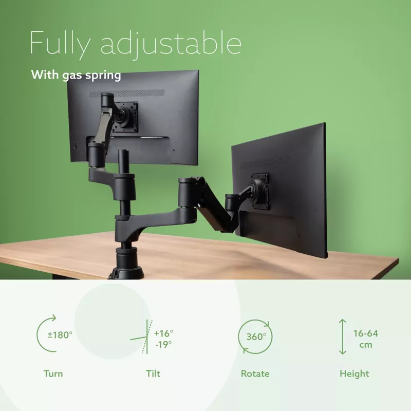 Suporte para monitor R-Go Tools R-Go Caparo Dual, para dois monitores, altura ajustável com mola a gás, capacidade de carga 3-9 kg, 100% circular, preto