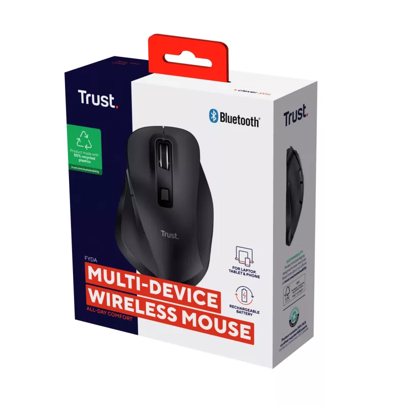 TRUST Fyda Office rato ergonómico direito sem fios – RF + Bluetooth 5.2 – ótico 2400 DPI – 6 botões – preto
