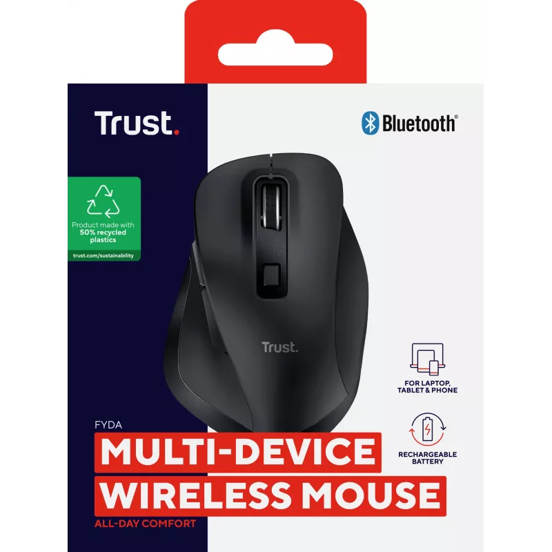TRUST Fyda Office rato ergonómico direito sem fios – RF + Bluetooth 5.2 – ótico 2400 DPI – 6 botões – preto
