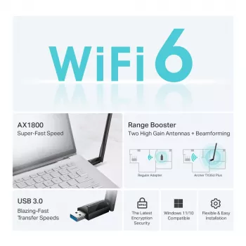 Adaptador USB Wi-Fi sem fios TP-LINK Archer TX35U PLUS — Wi-Fi 6 Dualband 1201 Mbit/s, alimentado por USB, preto