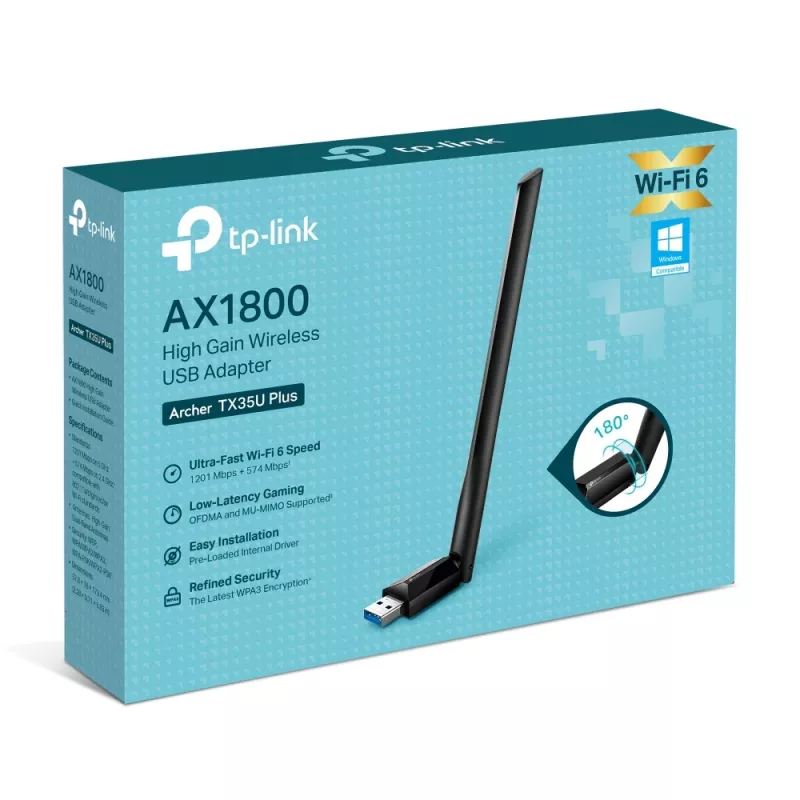 Adaptador USB Wi-Fi sem fios TP-LINK Archer TX35U PLUS — Wi-Fi 6 Dualband 1201 Mbit/s, alimentado por USB, preto