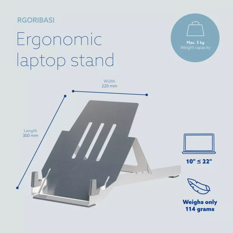 R-Go Tools Suporte para portátil R-Go Riser Basic, suporte para portátil dobrável e ajustável, alumínio, prateado