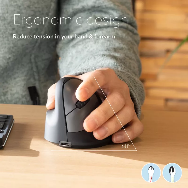 R-Go Tools Rato ergonómico R-Go HE Break com software de pausas, médio (tamanho de mão 165-185 mm), para canhotos, Bluetooth, preto